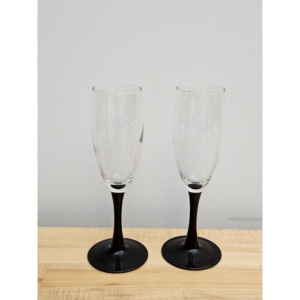 Set of 2 Clear Glass Champagne Flutes with Black Stems Tapered Glossy Finish 6oz